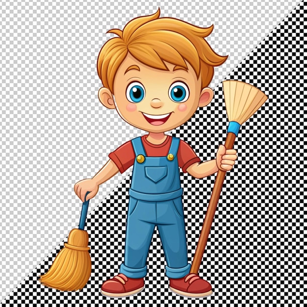 Cute cartoon boy with broom in his hand vector on transparent background