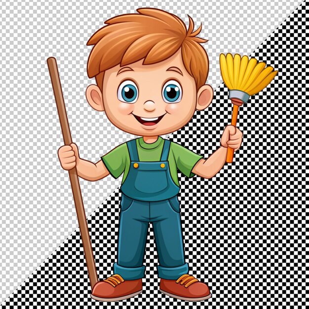 PSD cute cartoon boy with broom in his hand vector on transparent background