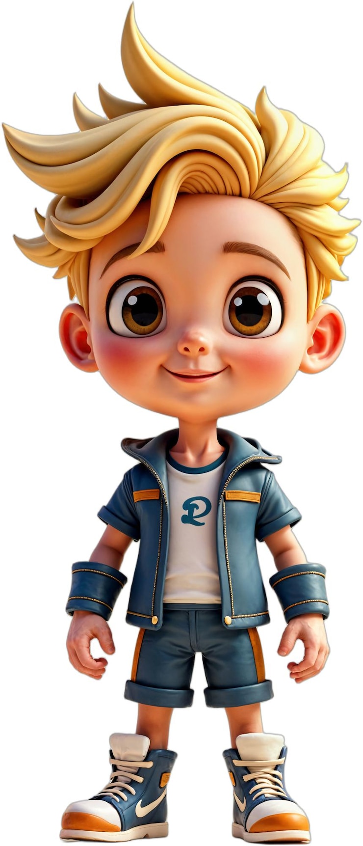 PSD a cute cartoon boy with spiky blond hair wearing a denim jacket and sneakers resembling a young adventurer or explorer isolated on transparent background