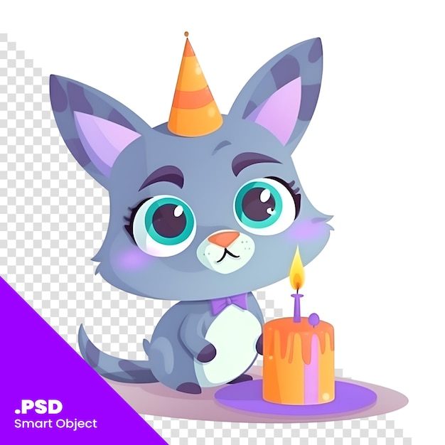 Piccolo gatto dei cartoni animati con cappello di compleanno con candela modello psd di illustrazione vettoriale