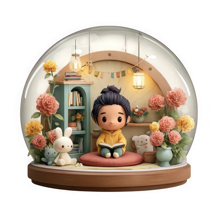 PSD cute cartoon child reading in cozy room globe scene isolated on transparent background