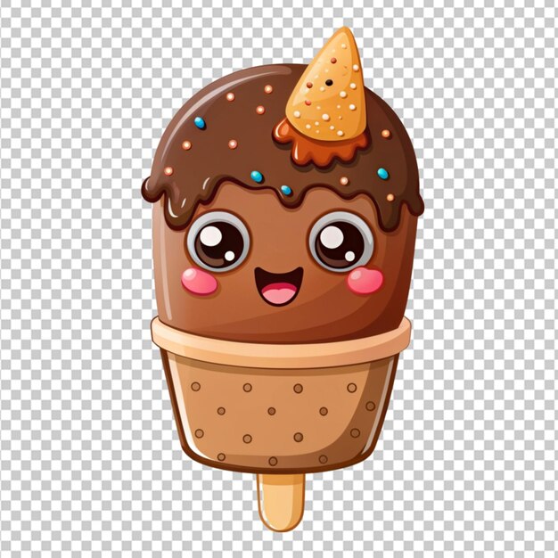 PSD cute cartoon chocolate ice cream sticker on transparent background