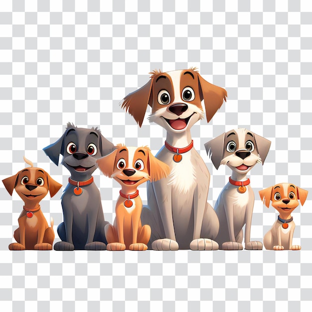 PSD famiglia di cani cartoon carino in piedi in una fila isolata su trasparente