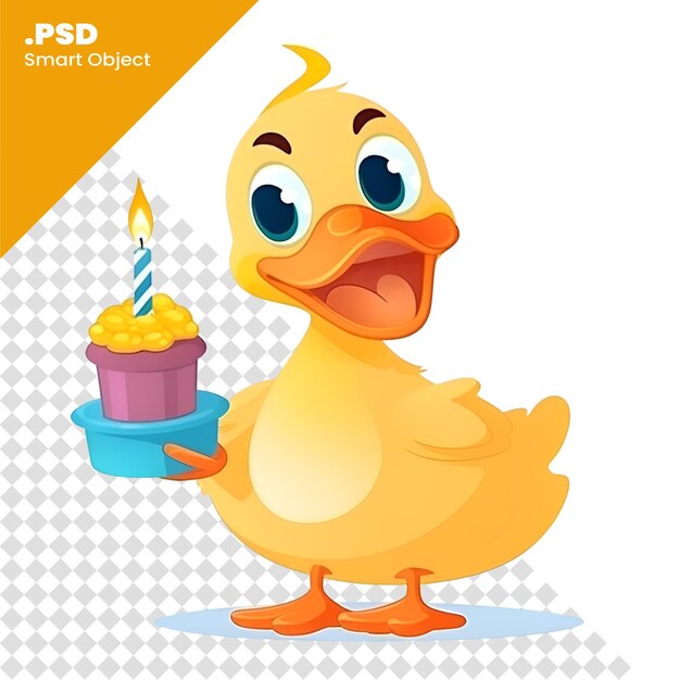 PSD piccola anatra cartone animato con torta di compleanno illustrazione vettoriale isolata su sfondo bianco modello psd