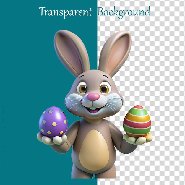 Cute cartoon easter bunny and 3d rabbit share an easter egg for a happy easter