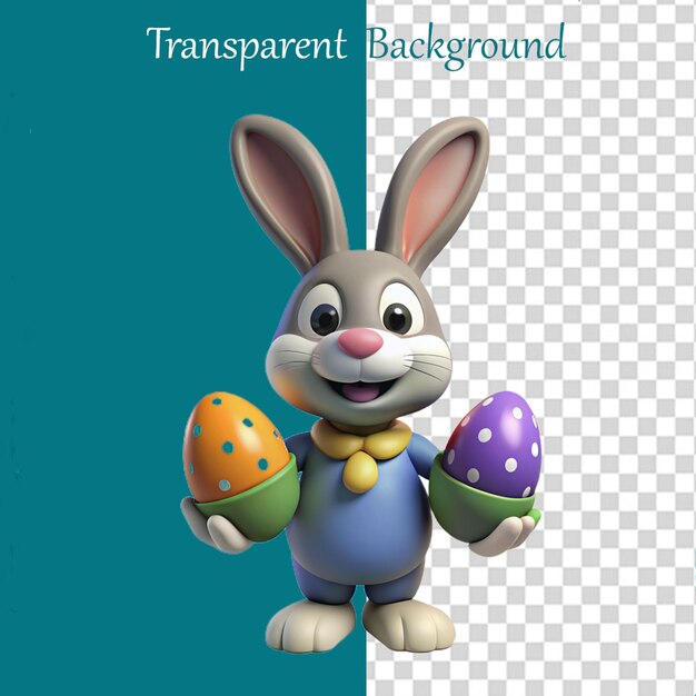 PSD cute cartoon easter bunny and 3d rabbit share an easter egg for a happy easter