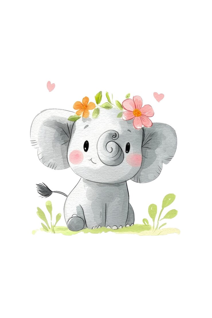 PSD cute cartoon elephant with flowers on head
