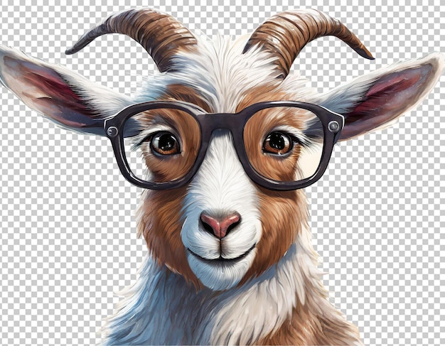 PSD 透明な背景に隔離されたメガネの可愛い漫画のヤギ