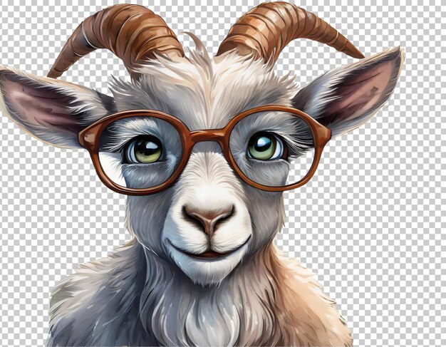 PSD cute cartoon goat with glasses isolated on transparent background