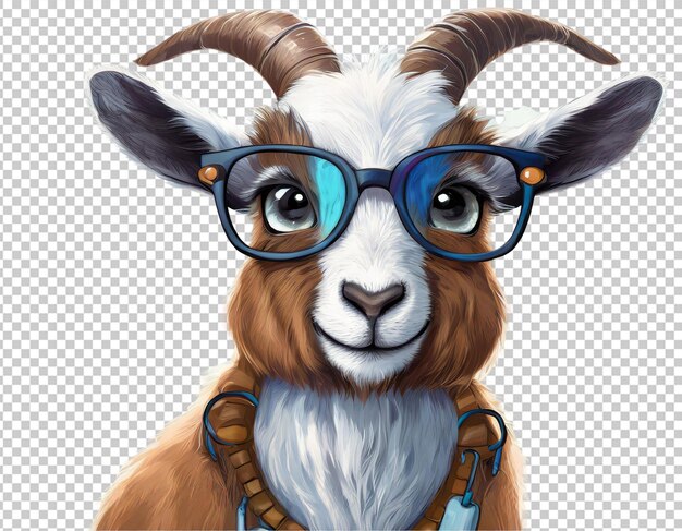 PSD cute cartoon goat with glasses isolated on transparent background