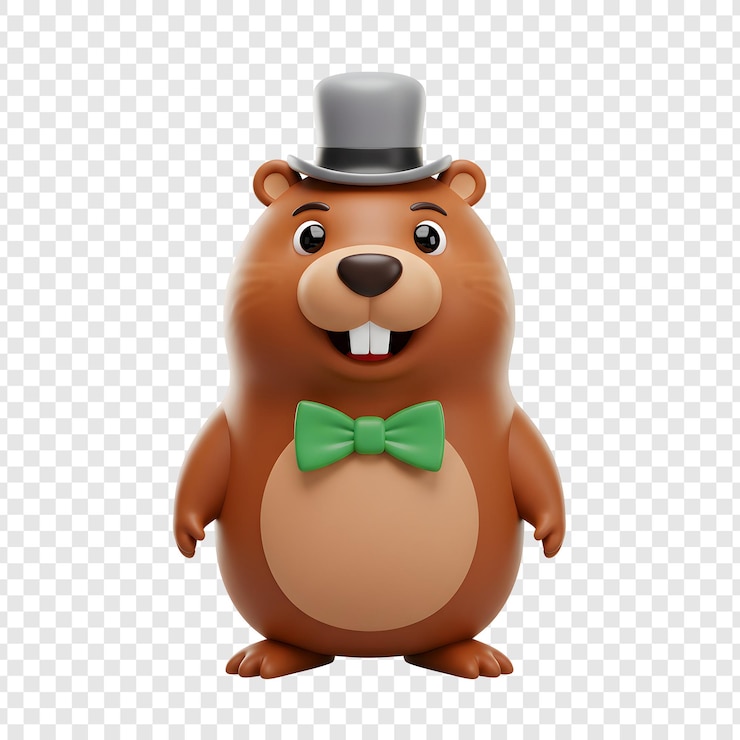 PSD cute cartoon groundhog in a top hat and bow tie