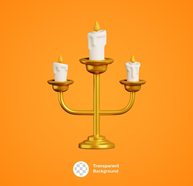 PSD cute cartoon happy halloween 3d icon with burning candle in bronze candlestick isolated