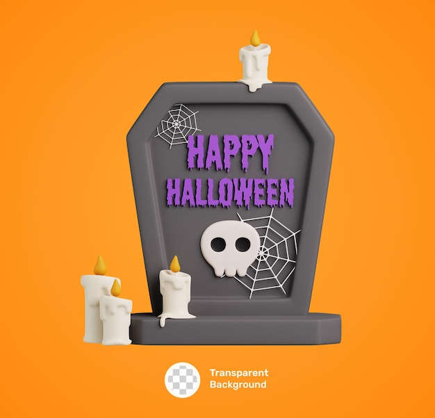 PSD cute cartoon happy halloween 3d icon with gravestone and candle isolated october holiday