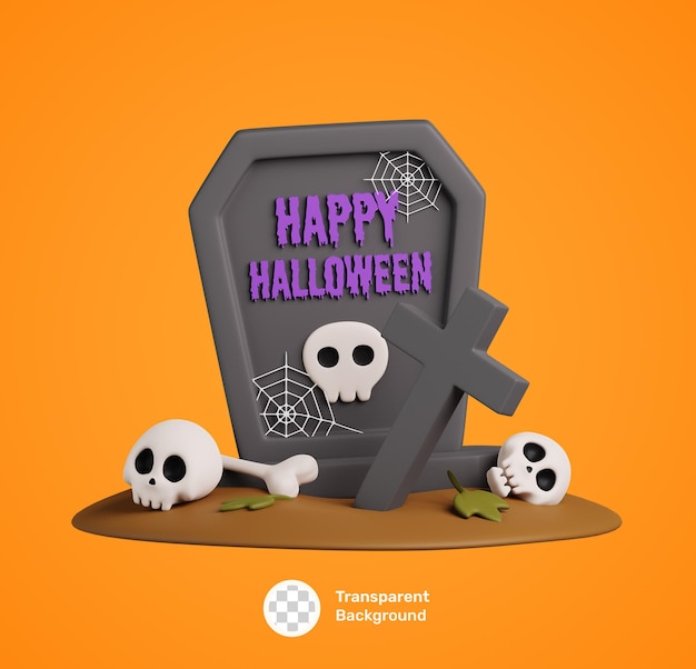 PSD cute cartoon happy halloween 3d icon with gravestone and skull isolated october holiday