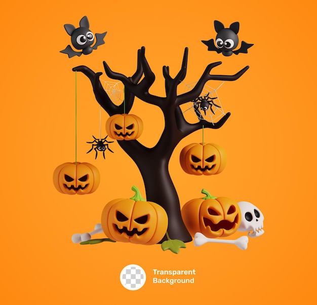 Симпатичный мультфильм happy halloween 3d icon с деревом и тыквами, изолированными октябрьский праздник