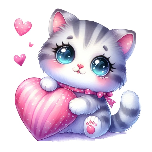 PSD cute cartoon kitty with heart isolated on transparent background ai