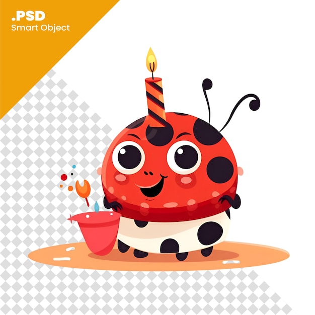 Caratteristico personaggio di coccinella con torta di compleanno e candela vettoriale modello psd di illustrazione