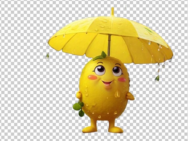 PSD cute cartoon lemon hold umbrella in a rain