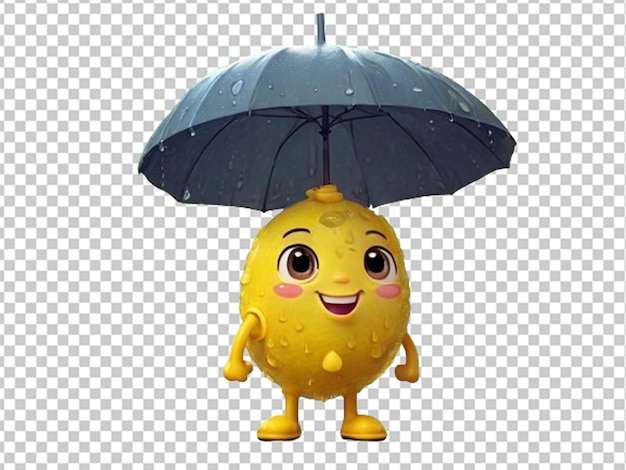 PSD cute cartoon lemon hold umbrella in a rain