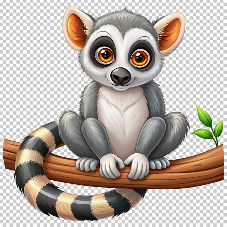 PSD cute cartoon lemur sitting on a branch on transparent background