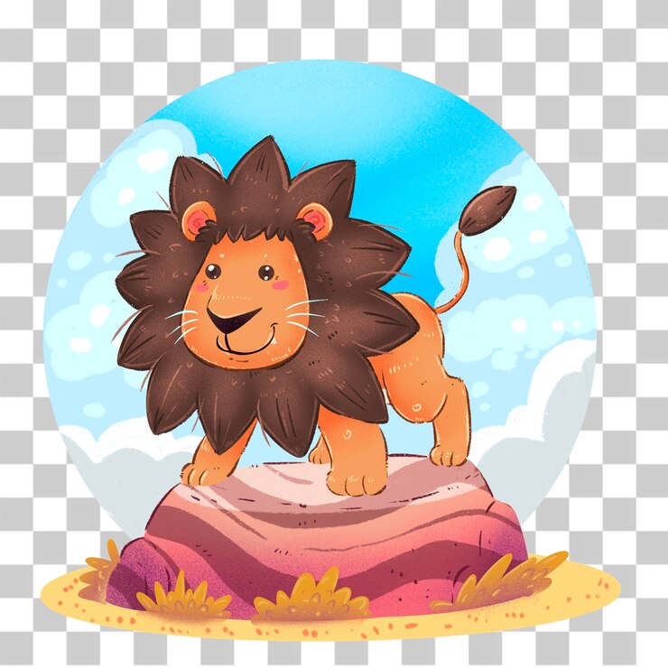 PSD cute cartoon lion standing proudly on a rock in the savanna