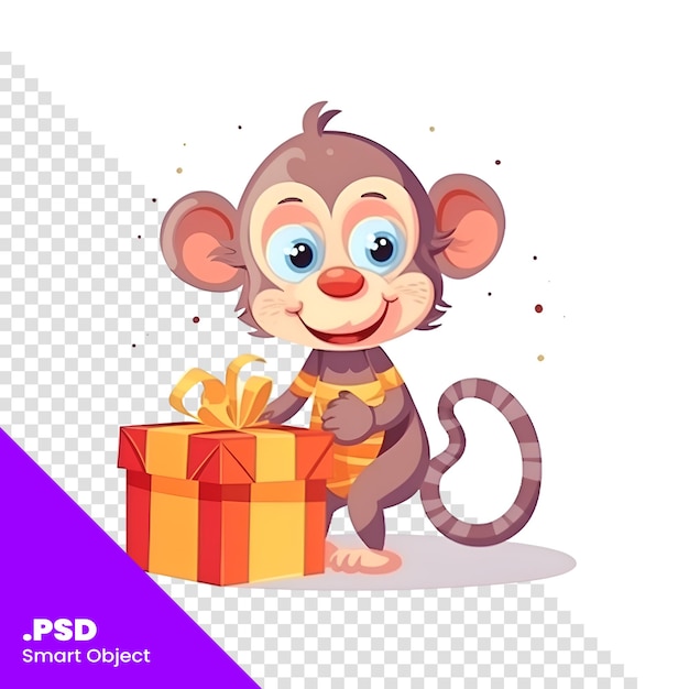 PSD cute cartoon monkey with gift box vector illustration isolated on white background psd template