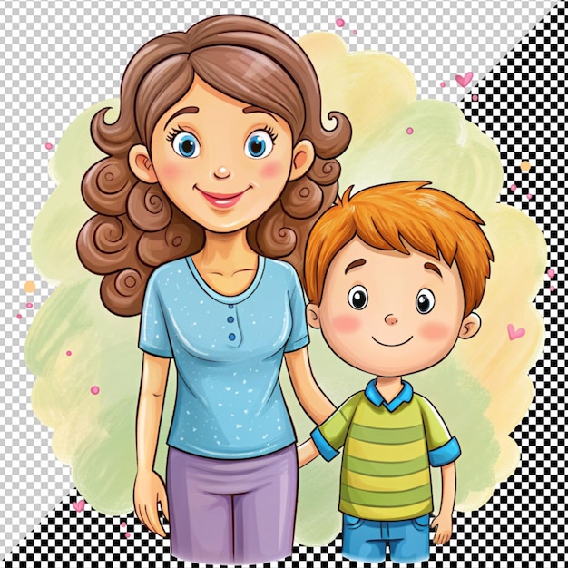 PSD cute cartoon mother and son vector on transparent background