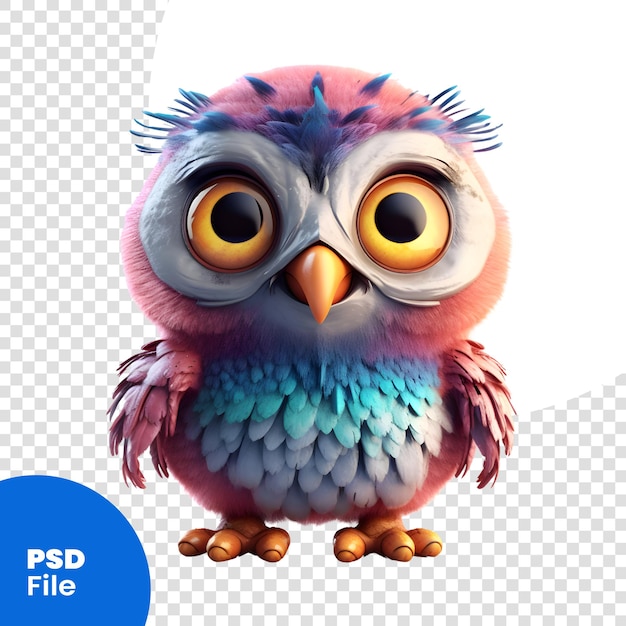 PSD cute cartoon owl on a white background 3d illustration psd template