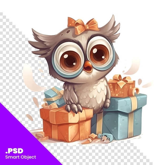 PSD Милый мультфильм сова с большими глазами сидит на куче подарков psd шаблон