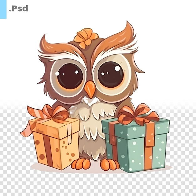 PSD cute cartoon owl with gift boxes vector illustration isolated on white background psd template