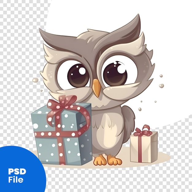 Cute cartoon owl with gifts vector illustration isolated on white background psd template