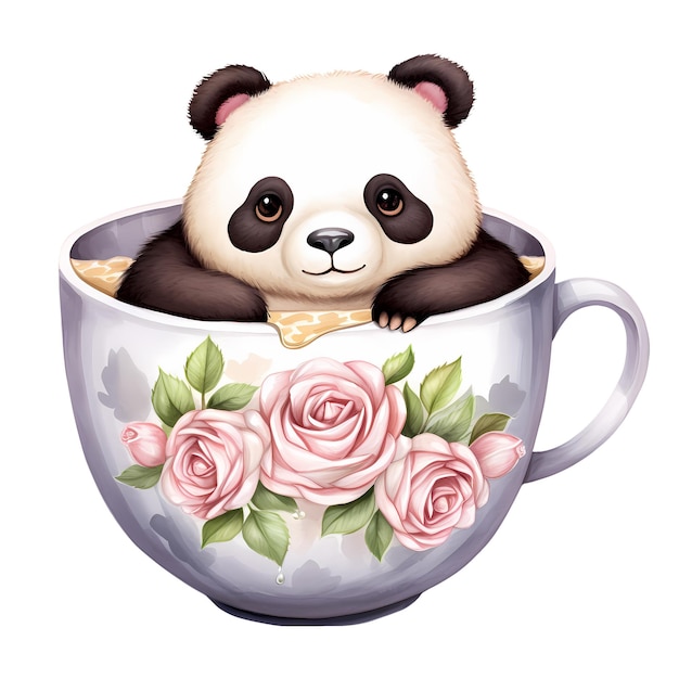 Cute cartoon panda coffee cup watercolor clipart illustration