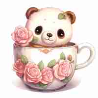 PSD Милый мультфильм панда чашка кофе акварель иллюстрация клипа