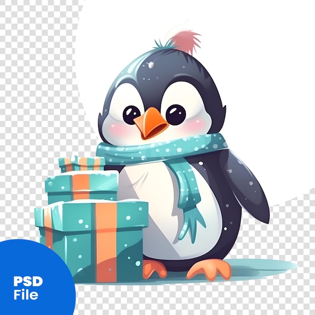 Simpatico pinguino cartone animato con scatole regalo illustrazione vettoriale isolata su sfondo bianco modello psd