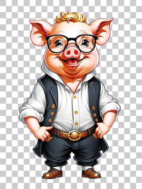 PSD cute cartoon pig in business suit and glasses on transparent background illustration