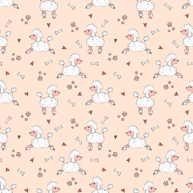 Cute Cartoon Poodle Seamless Pattern Kids Fabric and Wallpaper Design with Peach Color Background