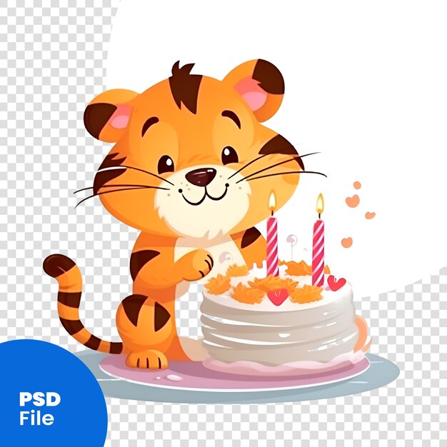 PSD piccola tigre dei cartoni animati con torta di compleanno illustrazione vettoriale su sfondo bianco modello psd