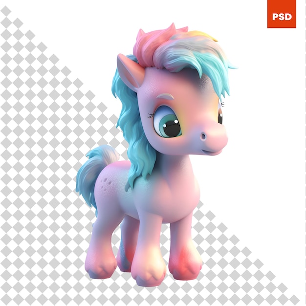 PSD simpatico cartone animato unicorno isolato su sfondo bianco illustrazione 3d