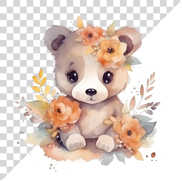 PSD dolce orso ad acquerello di cartone animato con fiori su uno sfondo trasparente
