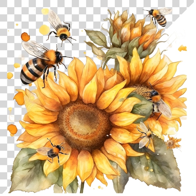 PSD cute cartoon watercolor bee with sunflowers on a transparent background