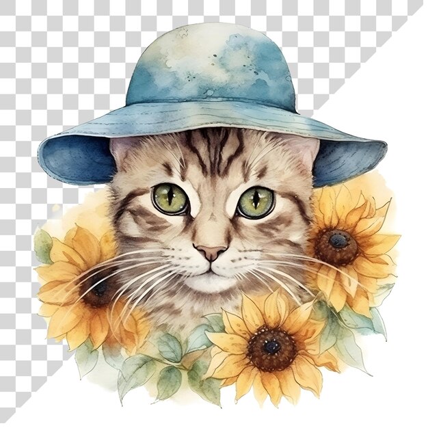 Cute cartoon watercolor cat with sunflower on a transparent background