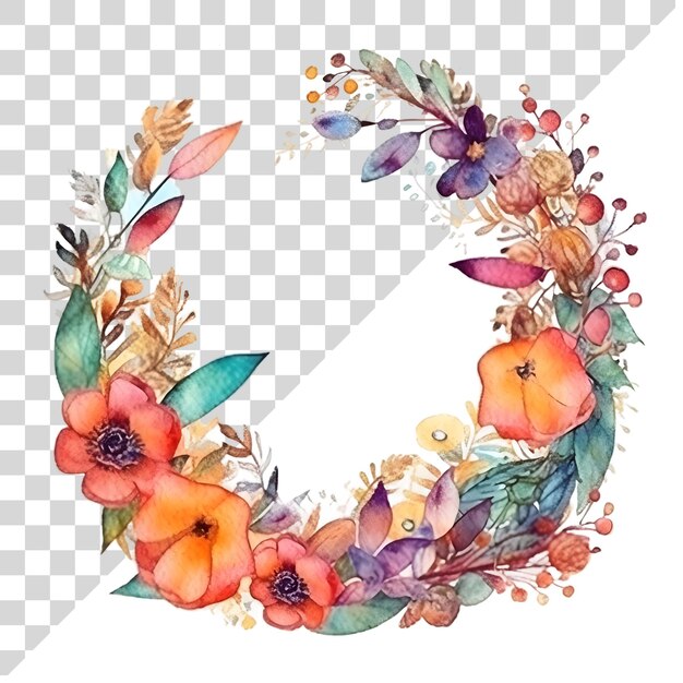 PSD cute cartoon watercolor floral wreath on a transparent background