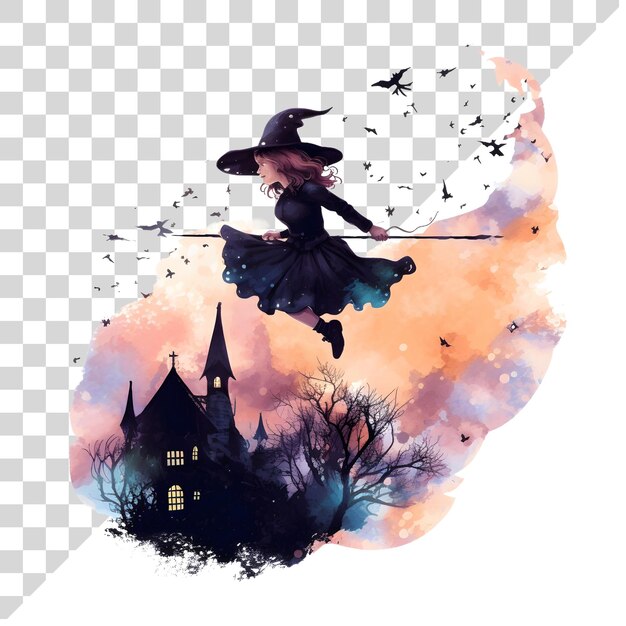 PSD cute cartoon watercolor halloween flying witch on a transparent background