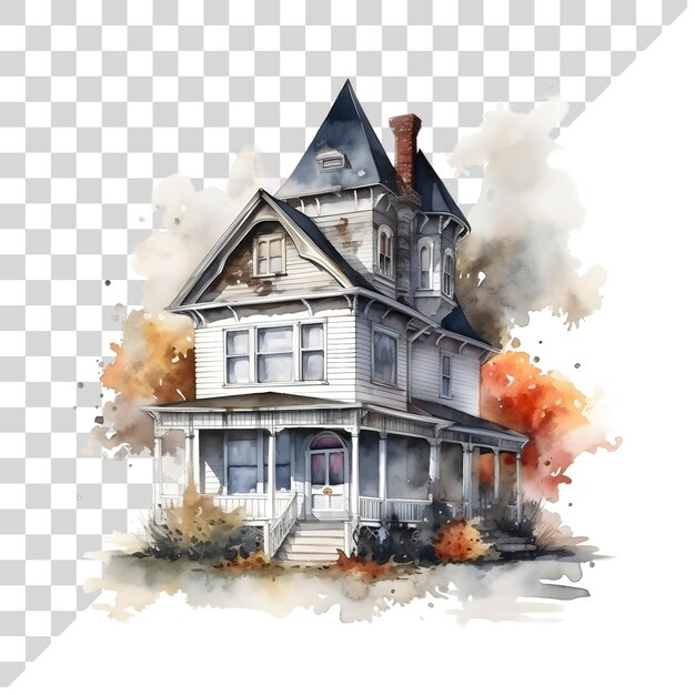 PSD Милый мультфильм акварель хэллоуин дом с привидениями на прозрачном фоне