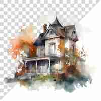 PSD Милый мультфильм акварель хэллоуин дом с привидениями на прозрачном фоне