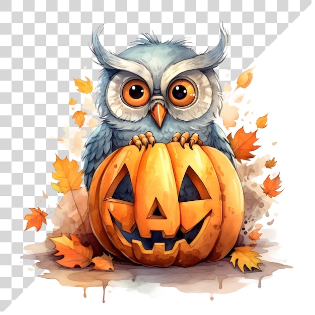 PSD cute cartoon watercolor halloween owl with a pumpkin on a transparent background