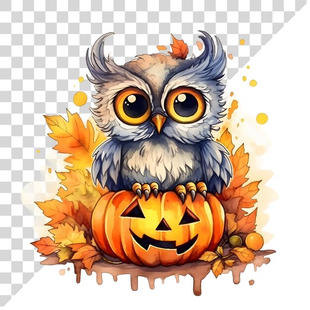 PSD cute cartoon watercolor halloween owl with a pumpkin on a transparent background