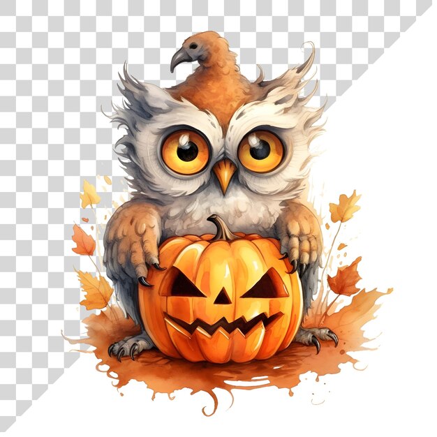 PSD cute cartoon watercolor halloween owl with a pumpkin on a transparent background