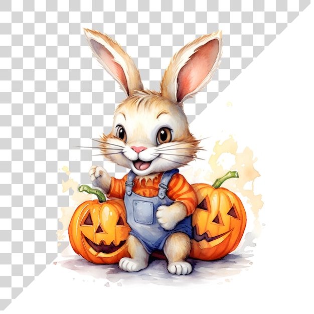 PSD cute cartoon watercolor halloween rabbit with a pumpkin on a transparent background