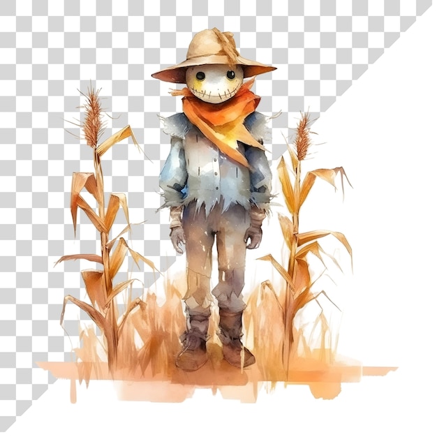 PSD cute cartoon watercolor halloween scarecrow on a transparent background